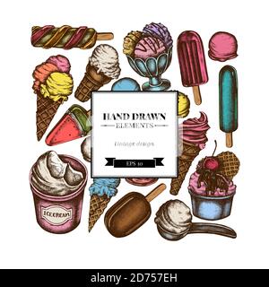 Square design with colored ice cream bowls, ice cream bucket, popsicle ice cream, ice cream cones, ice cream scoop, ice cream balls Stock Vector