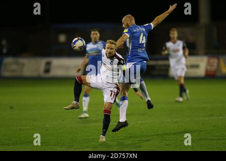 BARROW, ENGLAND. OCTOBER 20TH Jason Taylor of Barrow contests a header with Bolton's Ali Crawford during the Sky Bet League 2 match between Barrow and Bolton Wanderers at the Holker Street, Barrow-in-Furness on Tuesday 20th October 2020. (Credit: Mark Fletcher | MI News) Credit: MI News & Sport /Alamy Live News Stock Photo