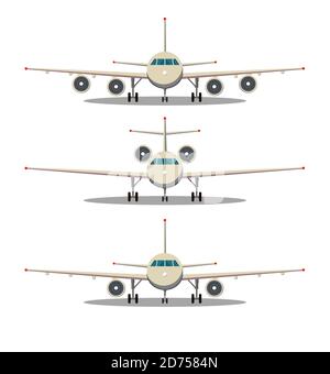 Airplane front view. Passenger or commercial jet isolated on background. Aircrfat in flat style. Set. Stock Vector