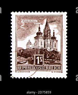 MOSCOW, RUSSIA - NOVEMBER 25, 2017: A stamp printed in Austria shows Basilica of Mariazell, Buildings serie, circa 1957 Stock Photo