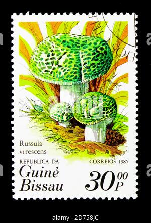 MOSCOW, RUSSIA - NOVEMBER 25, 2017: A stamp printed in Guinea-Bissau shows Russula virescens, Mushrooms serie, circa 1985 Stock Photo