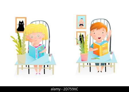 Children in the classroom at the desk studying and drawing, having lessons. A Boy and a girl education class, kids studying in the room. Stock Vector