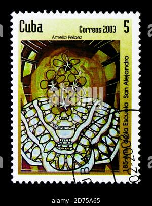 MOSCOW, RUSSIA - NOVEMBER 25, 2017: A stamp printed in Cuba shows Painting by Amelia Pelaez, Academy for arts serie, circa 2003 Stock Photo