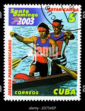 MOSCOW, RUSSIA - NOVEMBER 25, 2017: A stamp printed in Cuba shows Kayaking, Panamemerican games - Santo Domingo serie, circa 2003 Stock Photo