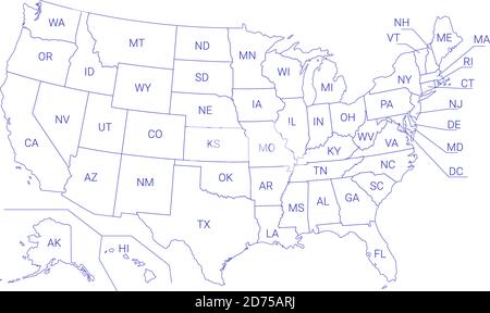 Outline Political US Map with titles of the states. All USA regions are separated and named in a layer panel Stock Vector