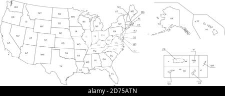 Map of America. United States Political map. US blueprint with the titles of states and regions. All countries are named in the layer panel. Stock Vector