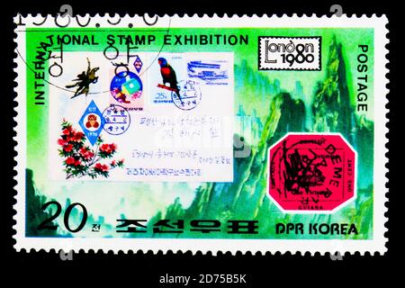 MOSCOW, RUSSIA - NOVEMBER 25, 2017: A stamp printed in Democratic People's republic of Korea shows British Guiana one cent Magenta and Korean cover, I Stock Photo