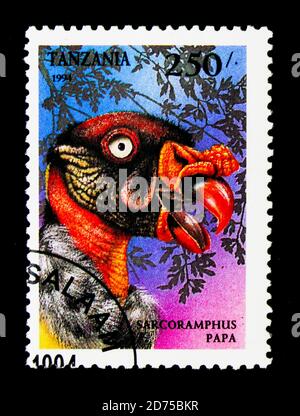 MOSCOW, RUSSIA - NOVEMBER 25, 2017: A stamp printed in Tanzania shows King Vulture (Sarcoramphus papa), Birds of Prey serie, circa 1994 Stock Photo