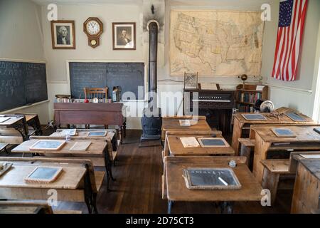 South Park City, Colorado - September 16, 2020: Interior classroom view with desks of the State of Colorado Approved Standard School. Taken in the gho Stock Photo