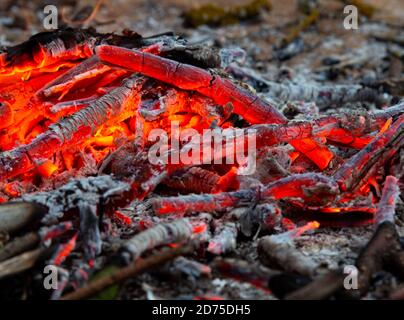 Hot coals close in a dying fire Stock Photo