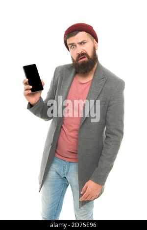 Mobile gadget dependence. Man bearded hipster play smartphone