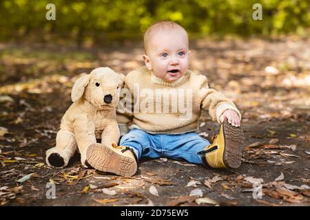 boy sits on the ground the autumn leaves lie on the ground. Stock Photo