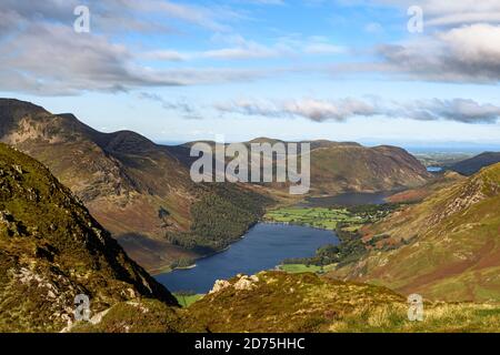 Looking down on Buttermere and Crummock Water from the high point of Honister Crags, Black Star Stock Photo