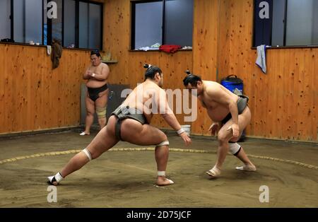 Japanese Sumo wrestlers training inside a traditional Sumo stable in early morning.Koto City.Tokyo.Japan Stock Photo