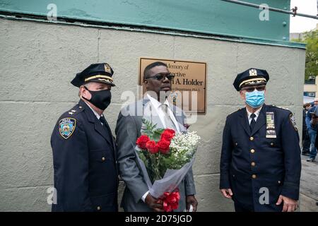 New York, NY - October 10, 2020: Father of Randolph Holder (C) attends bridge name dedication and plaque installation in memory of his son in Harlem Stock Photo