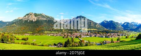 Panorama view on Obersdorf in Allgau. Rubihorn, Nebelhorn mouintain, Bavaria, Bayern, Germany. Big (Großer) Klottenkopf, alps Mountains in Tyrol with Stock Photo