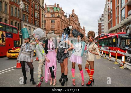 London, UK. 17 October 2020. Models take part in a flashmob fashion show in Knightsbridge for designer Pierre Garroudi. Credit: Waldemar Sikora Stock Photo