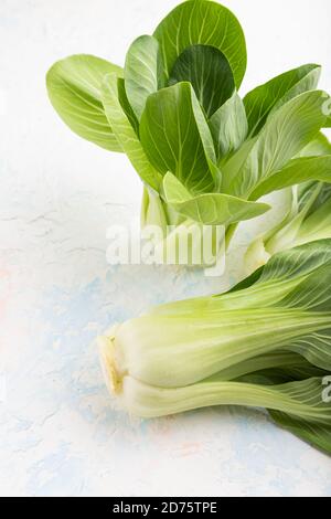 Fresh green bok choy or pac choi chinese cabbage on a white concrete background. Side view, close up. Stock Photo