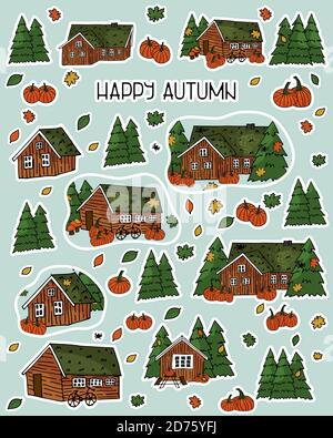 Brown scandinavian greenlandian wooden houses, trees, forest, maple leaf, spiders cobweb, grass on the roof with white borders and Happy autumn text, can be used as seamless pattern Stock Vector