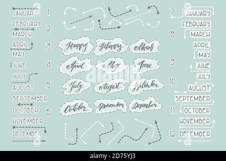 Set of hand drawn lettering and regular type font collection of months in English, numbers from 1 to 12 with white dotted arrows on light blue winter background Stock Vector