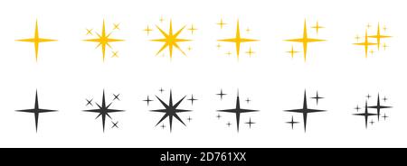 Set of flat black yellow silhouette sparkles symbol icon. Glyph decoration starry twinkle shiny flash. Glitter bright different shape, burst firework glowing light effect Isolated vector illustration Stock Vector