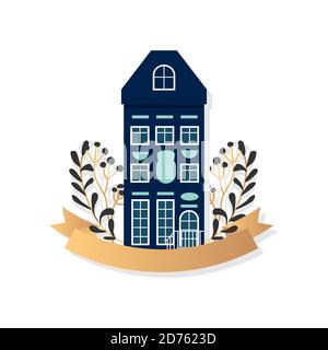 Cartoon colorful architecture Amsterdam, classic building facade in flat style. House with trees, bush, clouds, lantern. Composition small town closeup, landscape banner. Isolated vector illustration Stock Vector