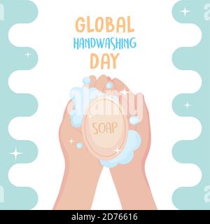 global handwashing day, hands with bubbles and water drop vector ...