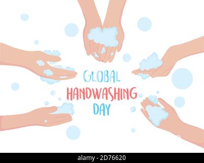 global handwashing day, handwritten lettering hands with foam vector illustration Stock Vector