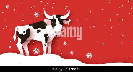 Happy Chinese New Year Banner Template. 2021 symbol bull, ox, cow. Chinese Zodiac. Lunar horoscope sign in paper cut style. Red background. Stock Vector