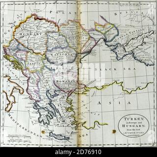 Antique map of Turkey in Europe and Hungary from 18th century atlas Creator: Carey, Mathew, 1760-1839 Modified from the map released under Creative Co Stock Photo