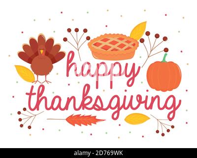 happy thanksgiving design with cartoon turkey, apple pie and pumpkin with decorative dry leaves around over white background, colorful design, vector illustration Stock Vector