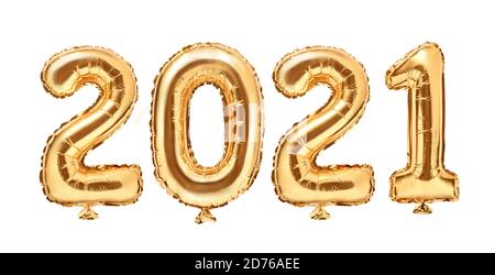 Gold foil balloons numeral 2021. Happy new year 2021 holiday. 2021 golden decoration holiday on white background. Stock Photo