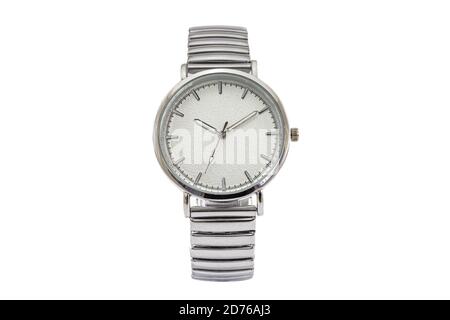 Men's silver colored, classic round shape, numberless wrist watch with metal bracelet, white clock dial face isolated on white background. Stock Photo
