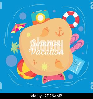 summer vacation travel, beach sand camera umbrella fruit ball passport label design vector illustration Stock Vector