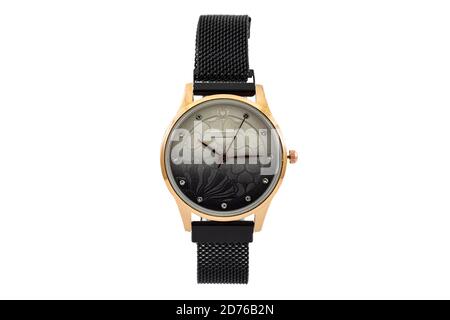 Women's round classic watch with black matte metal mesh style strap, black dial face and shiny gems isolated on white background.