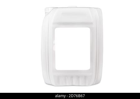 White 20-liter canister isolated on white background. There is a place to insert a label. Front view. Stock Photo