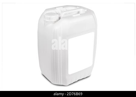 Blank plastic canister isolated on white background. There is a place to insert a label. Side view. Stock Photo