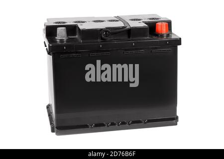 Car battery isolated on white background. Front view. Stock Photo