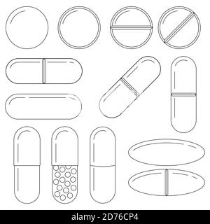 Pills and capsules line art icon set isolated on white background. Stock Vector