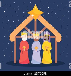 nativity, manger three wise kings characters in the stable with star vector illustration Stock Vector