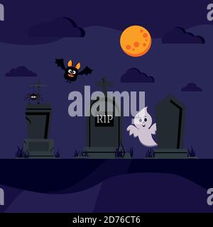 Halloween cemetery scene with bat, ghost, spider on tombstone. Stock Vector