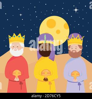 nativity, manger characters wise kings with gift Christ birth vector illustration Stock Vector