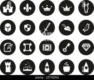 Fantasy Or Fairytale Icons White On Black Flat Design Circle Set big Stock Vector