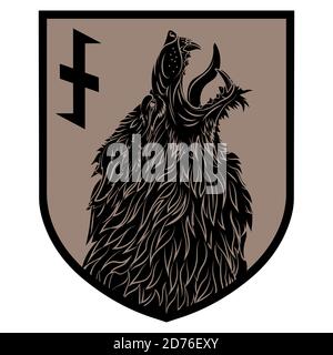 Design patch. Heraldic shield with a Werewolf and rune Wolfsangel Stock Vector