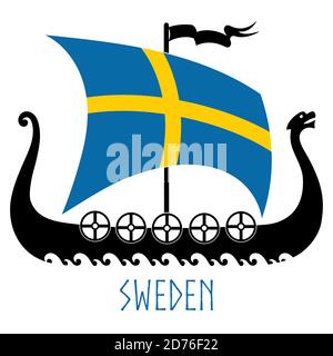 Warship of the Vikings - Drakkar and Sweden flag Stock Vector