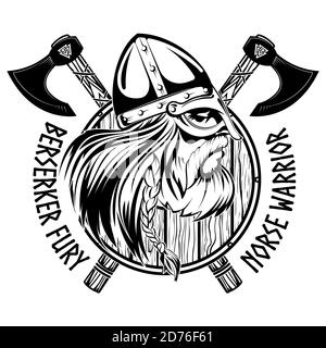 Norse warrior Berserker. Viking head, shield and two crossed axes Stock Vector