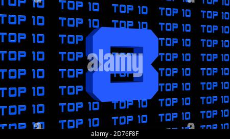 Abstract graphic 3D-illustration - digits of the top 10 - single shown number 8 - repeated TOP 10 lettering arranged on a black background Stock Photo