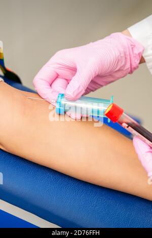 Nurse on pink gloves takes blood sample from vein from female patient in medical laboratory Stock Photo