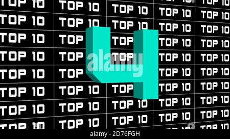 Single number 4 of the TOP 10 Digits in changing colors -  lettering TOP 10 in white color arranged on black background Stock Photo