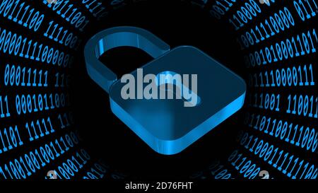 Binary code arranged in cylinder shape - closed padlock built into HUD elements - cyber internet or network technology Stock Photo